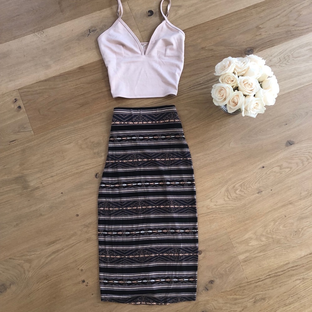 Nude Crop Top and Tribal Midi Bodycon Skirt